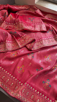 Rose Coral Pure Soft Munga Silk Meena Banarasi Saree with Handcrafted Zardozi Gotapatti Pearl and Sequin Embroidery
