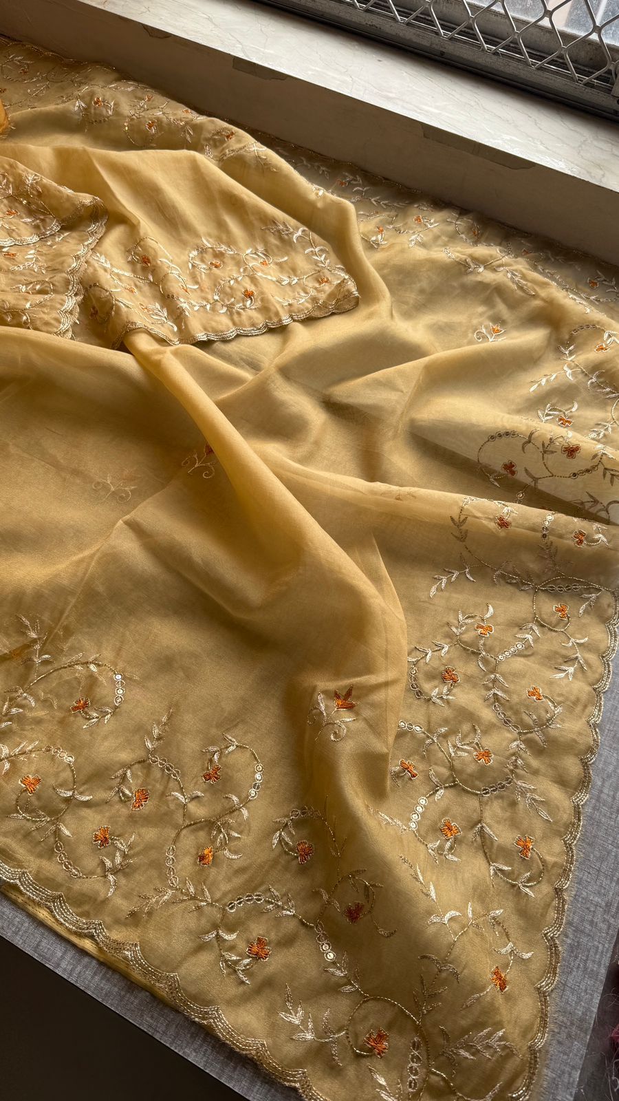 Floral Resham Embroidery On Soft Tissue Organza Silk · 32 Artisan Hours of work · The Noor Edit