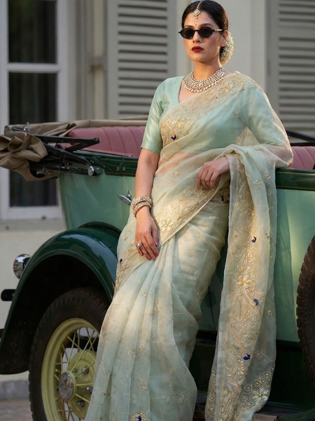 Premium Tissue Organza Saree With Peacock Embroidery And Elegant Floral Border Design
