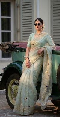 Premium Tissue Organza Saree With Peacock Embroidery And Elegant Floral Border Design