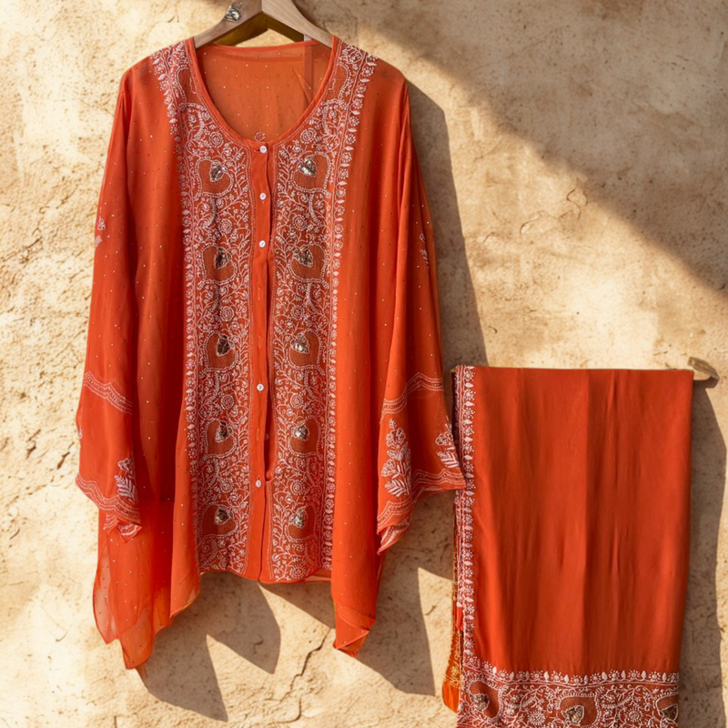 Georgette Semi-Stitched Co-ord Set with Mukaish Work