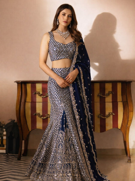 Midnight Blue Hand-Embellished Crepe & Georgette 3-Piece Lehenga Set