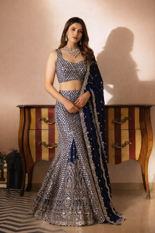 Midnight Blue Hand-Embellished Crepe & Georgette 3-Piece Lehenga Set
