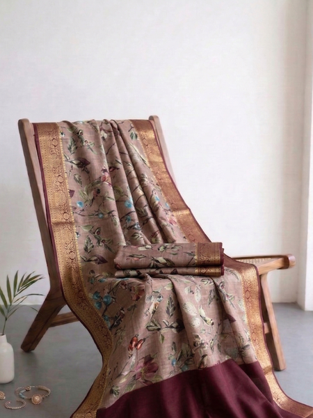 Elegant Crepe Silk Saree with Artistic Digital Floral & Bird Design