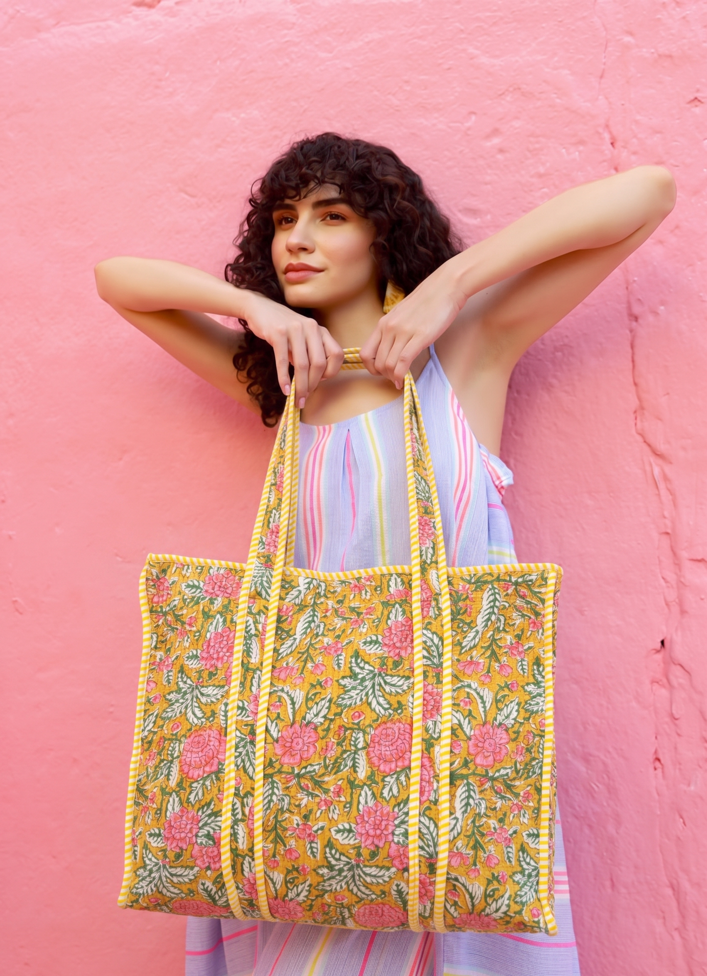 Reversible Quilted Hand Block Printed Tote Bag With Zip Closure