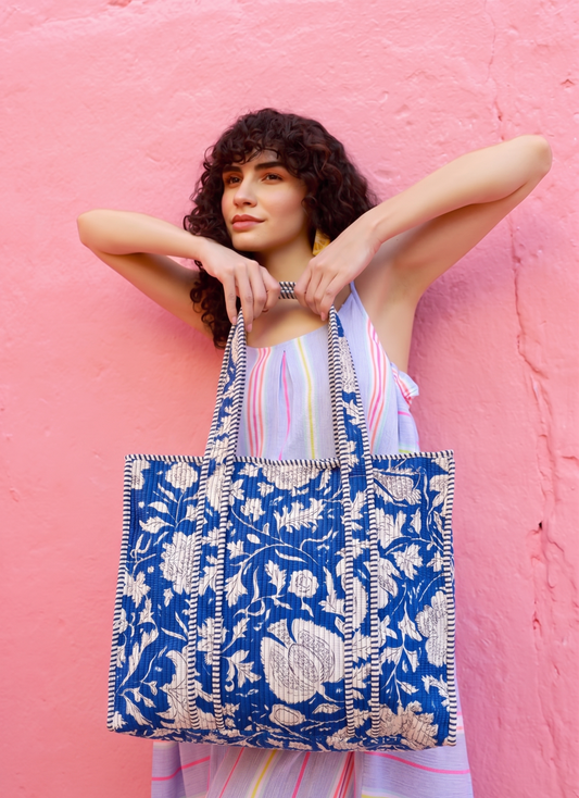Reversible Quilted Hand Block Printed Tote Bag With Zip Closure