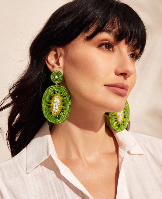 Big Green Kiwi Earrings With Citrine Bead Detailing