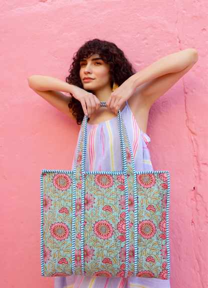 Reversible Quilted Hand Block Printed Tote Bag With Zip Closure