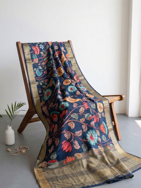 Elegant Crepe Silk Saree with Artistic Digital Floral & Bird Design