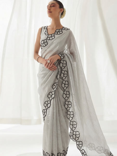 Midnight Bloom Pure Crepe Silk Saree With Handcrafted Cutdana Border