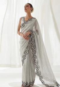 Midnight Bloom Pure Crepe Silk Saree With Handcrafted Cutdana Border