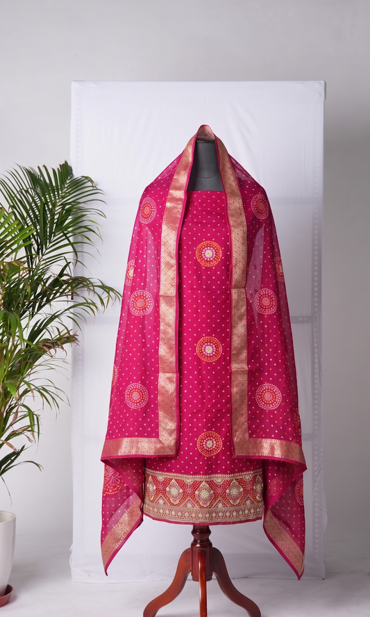 Zardozi Sequins And Pearl On Munga Silk Banarasi Bandhani · 48 Artisan Hours of work · The Shahi Adaa Edit