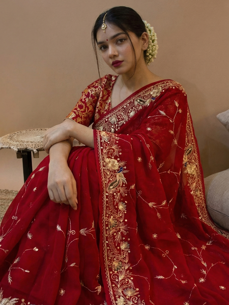 Royal Scarlet Chiffon Saree With Handcrafted Zardozi Gotapatti Peacock Border