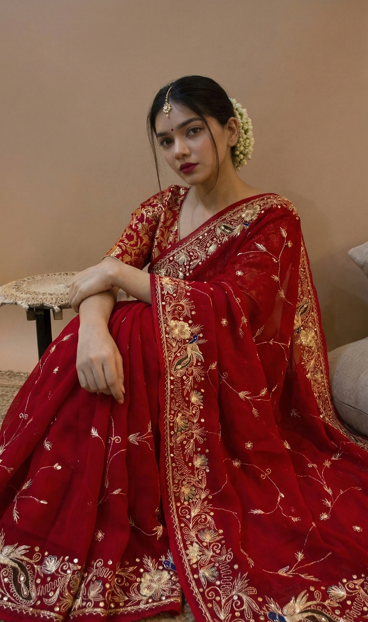 Royal Scarlet Chiffon Saree With Handcrafted Zardozi Gotapatti Peacock Border