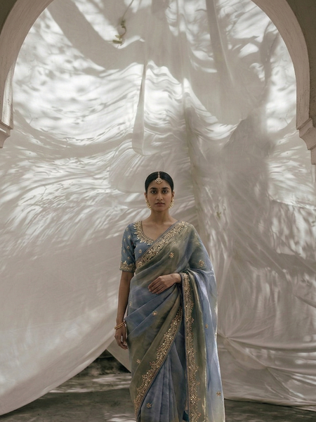 Luxury Cosmo Munga Silk Saree With Hand Zardozi Floral Border & Stone Detailing