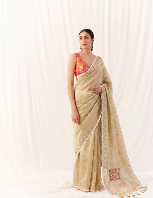 Gotta Patti Zardozi And Pearl On Tissue Linen Silk Banarasi · 60 Artisan Hours of work · The Virasat Edit