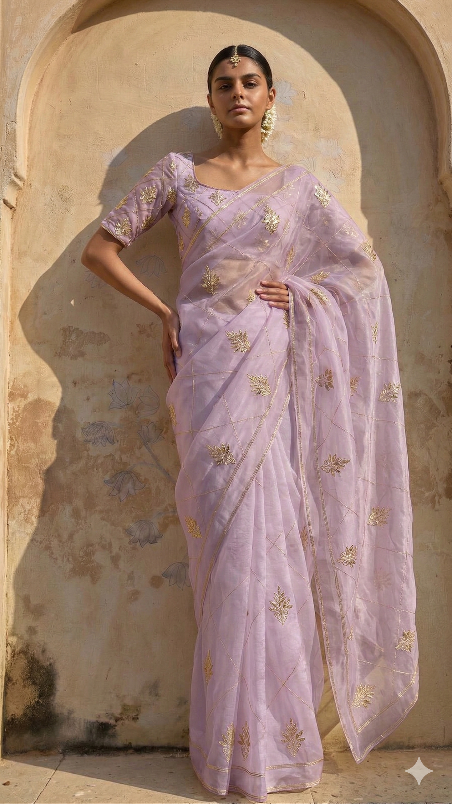 Gold Zari Butti On Tissue Organza Silk · 28 Artisan Hours of work · The Sunehri Edit