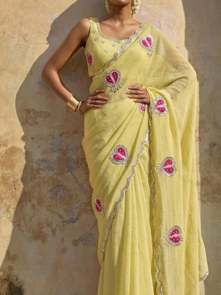 Designer Chinon Crush Saree With Zardozi Embroidery Butti And Scalloped Border Finish