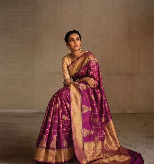 Royal Raw Mango Pattu Silk Saree With Meena Checks & Gold Zari Nakshi Border