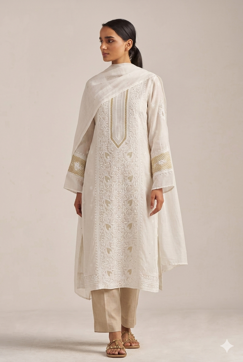 Sequins Katdana And Kasab On Mul Chanderi · 24 Artisan Hours of work · The Adaa Edit