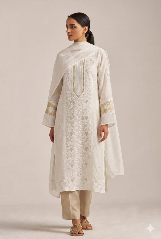 Ivory Mul Chanderi Kurta Dupatta Set With Sequin Katdana And Kasab Handwork