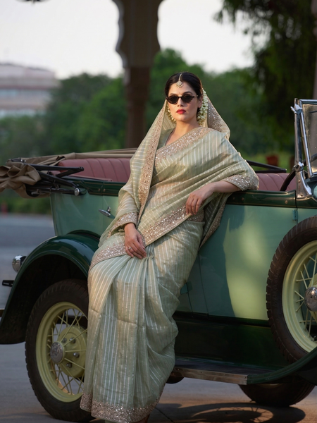 Elegant Tissue Silk Banarasi Saree With Handcrafted Zardozi Gotapatti Pearl Detailing