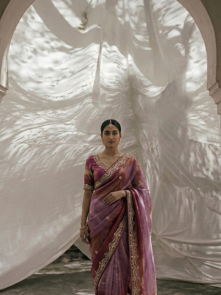 Luxury Cosmo Munga Silk Saree With Hand Zardozi Floral Border & Stone Detailing