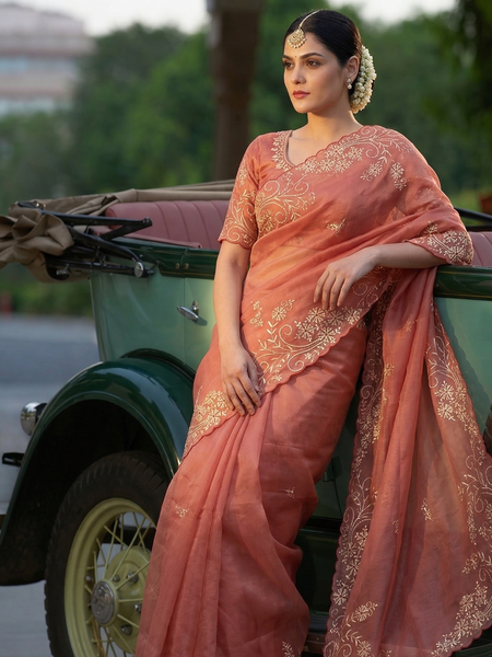 Premium Soft Organza Silk Saree With Pittan Embroidery Floral Border And Scalloped Finish