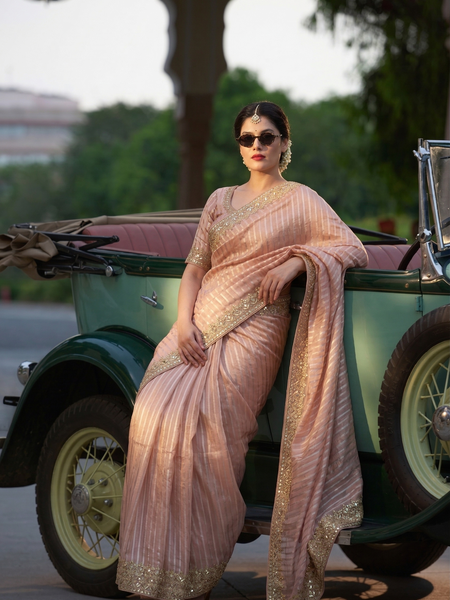 Elegant Tissue Silk Banarasi Saree With Handcrafted Zardozi Gotapatti Pearl Detailing