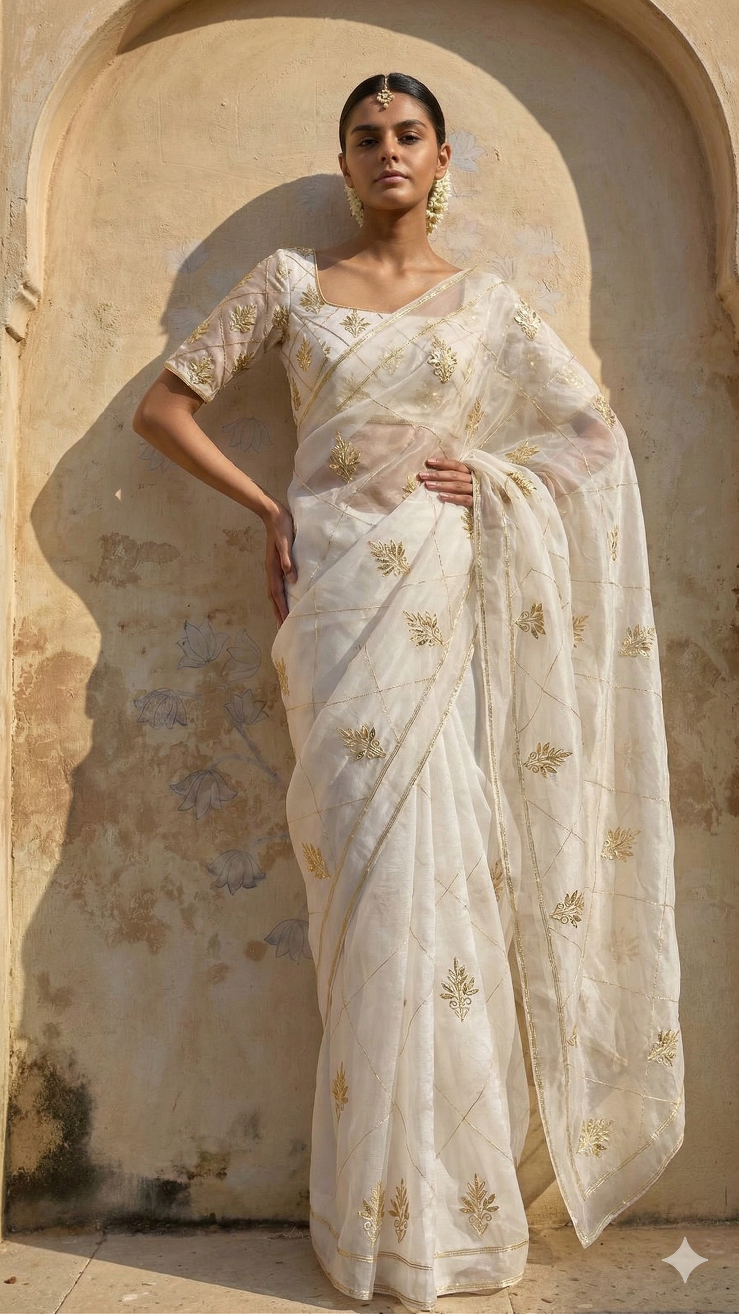 Gold Zari Butti On Tissue Organza Silk · 28 Artisan Hours of work · The Sunehri Edit