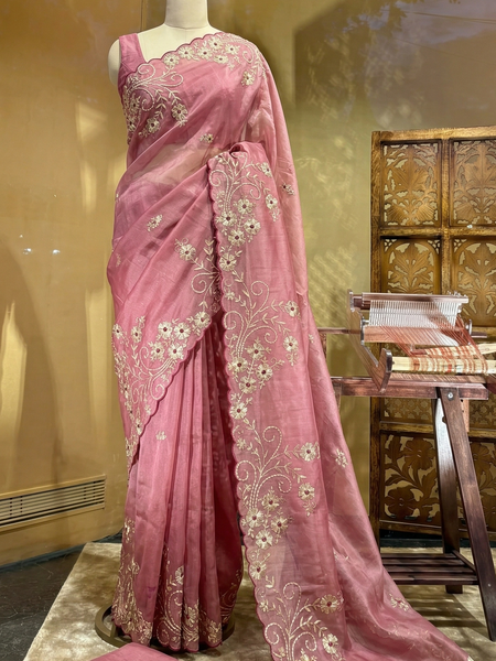 Premium Soft Organza Silk Saree With Pittan Embroidery Floral Border And Scalloped Finish