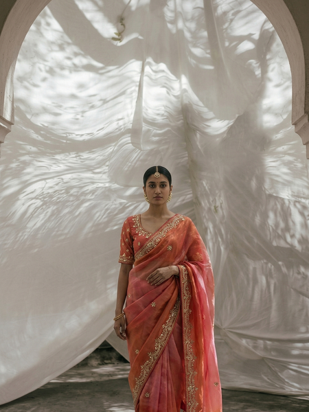 Luxury Cosmo Munga Silk Saree With Hand Zardozi Floral Border & Stone Detailing