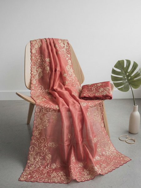 Premium Soft Organza Silk Saree With Pittan Embroidery Floral Border And Scalloped Finish