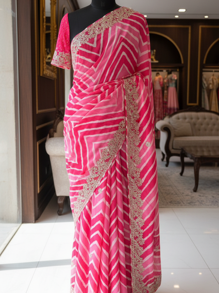 Hot Pink and Rose Crepe Silk Leheriya Saree with Machine Gota Patti Embroidery