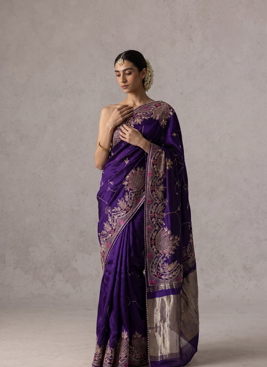 Royal Gajji Silk Saree With Zardozi Pearl And Kutdana Handwork