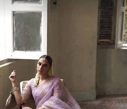 Gold Zari Butti On Tissue Organza Silk · 28 Artisan Hours of work · The Sunehri Edit