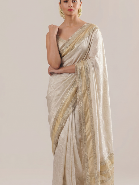 Golden Silver Cosmo Munga Silk Saree With Designer Jacquard Weaving