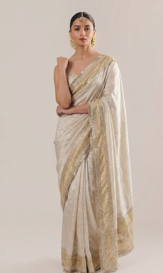 Golden Silver Cosmo Munga Silk Saree With Designer Jacquard Weaving