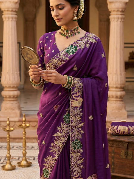 Premium Munga Silk Saree With Elephant Motif Embroidery And Designer Floral Border