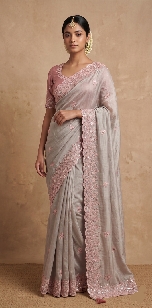 Elegant Tissue Net Saree With Zari Embroidery And Zarkan Sequin Work