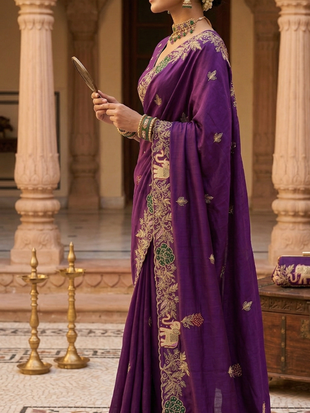 Premium Munga Silk Saree With Elephant Motif Embroidery And Designer Floral Border