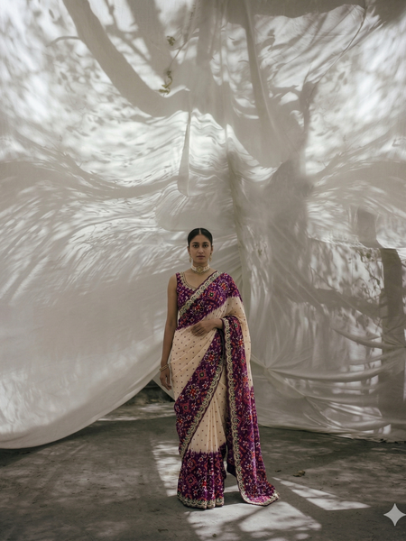 Graceful Pure Munga Silk Patola Inspired Saree With Zardozi & Pearl Handwork