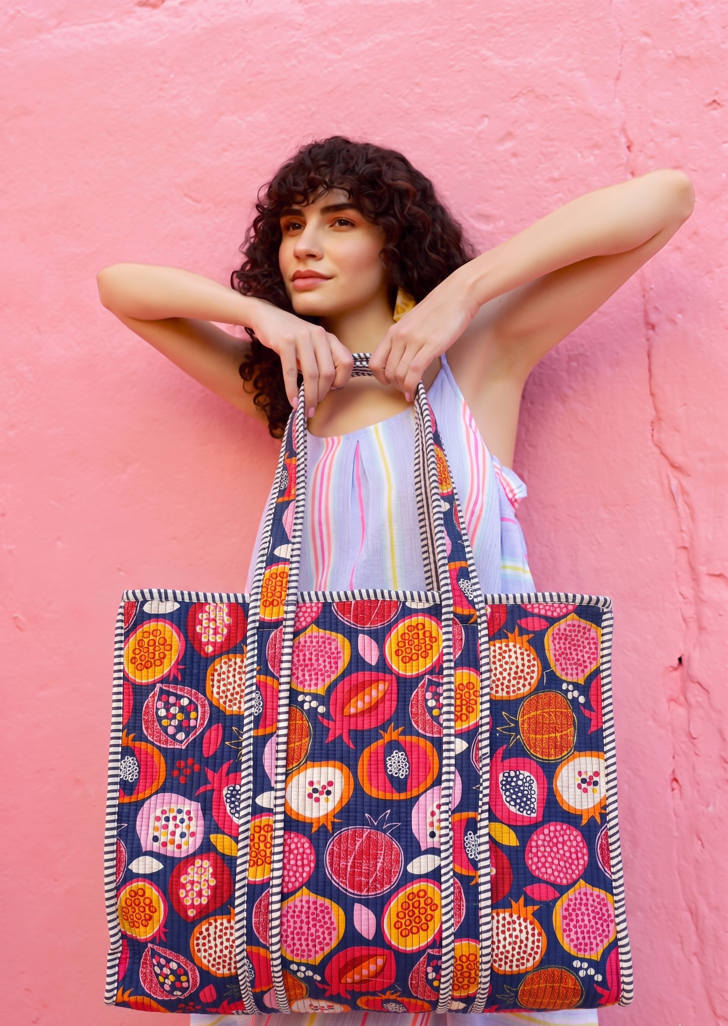 Reversible Quilted Hand Block Printed Tote Bag With Zip Closure