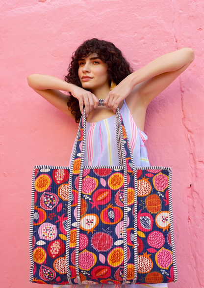 Reversible Quilted Hand Block Printed Tote Bag With Zip Closure