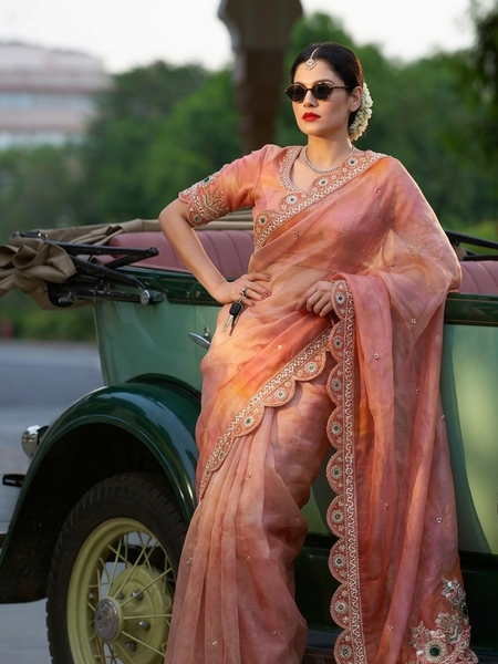 Luxury Tissue Cosmo Munga Silk Saree With Hand Zardozi Stone Embroidery Border