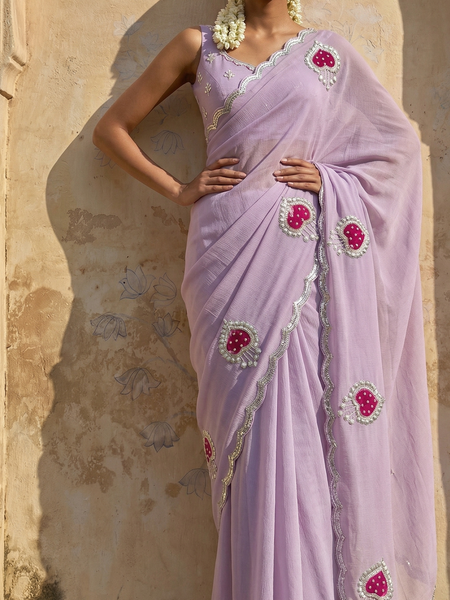 Designer Chinon Crush Saree With Zardozi Embroidery Butti And Scalloped Border Finish