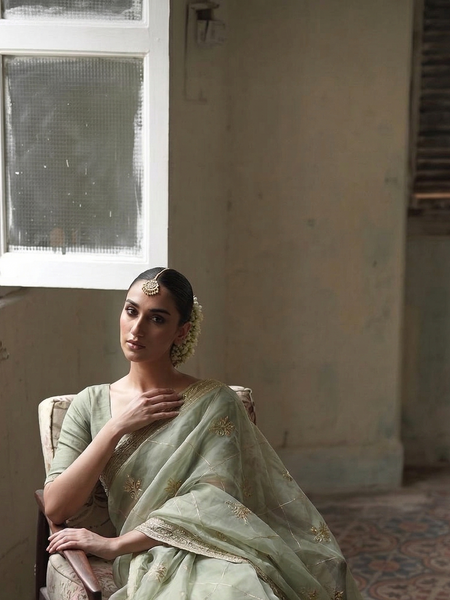 Premium Tissue Organza Saree With Gold Embroidered Butti And Elegant Grid Pattern