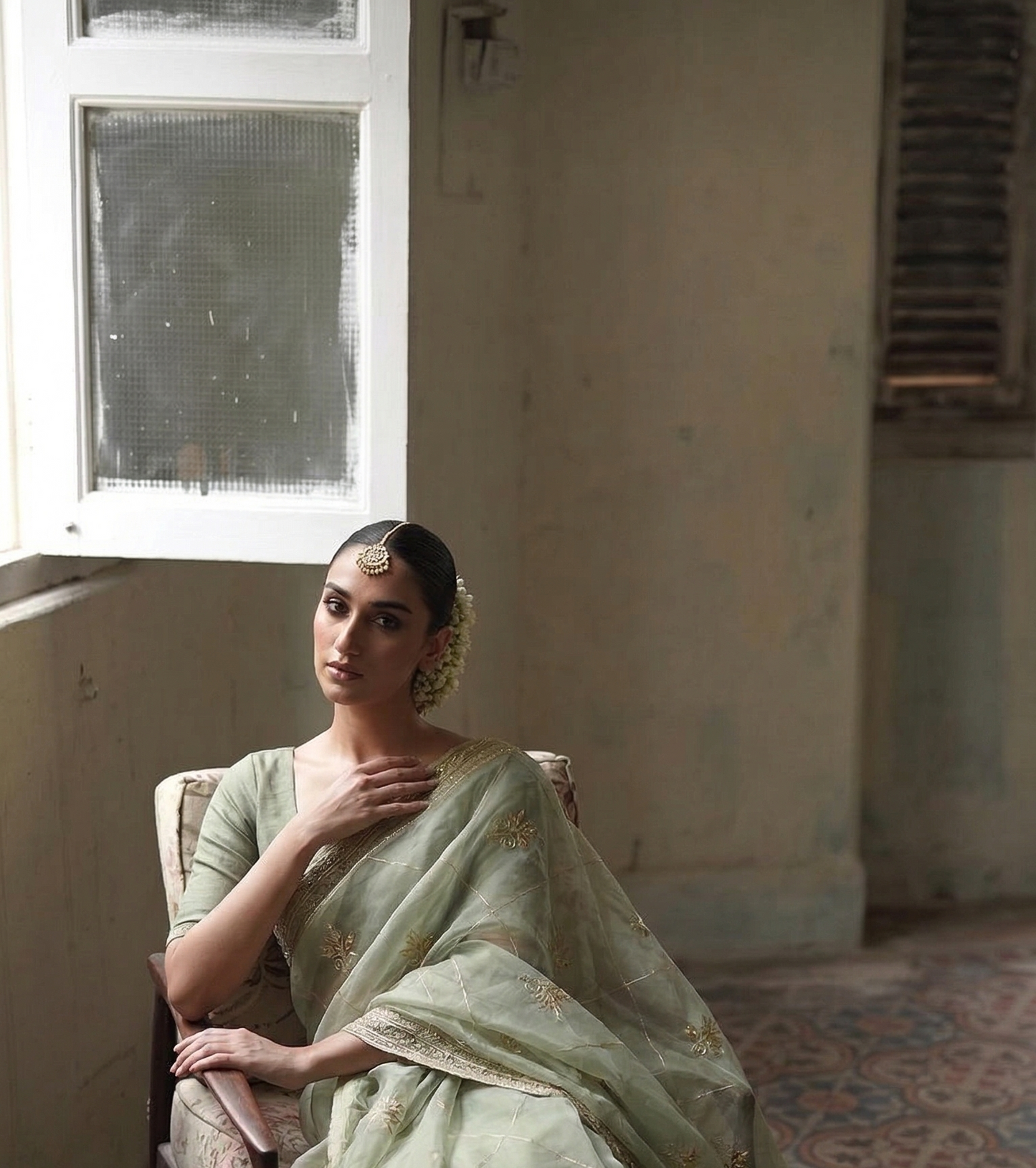 Gold Zari Butti On Tissue Organza Silk · 28 Artisan Hours of work · The Sunehri Edit
