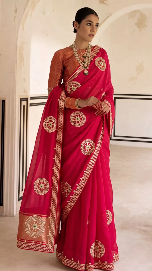 Meher Lakdi Patta Munga Silk Saree With Handcrafted Sikhiya Gota Detailing