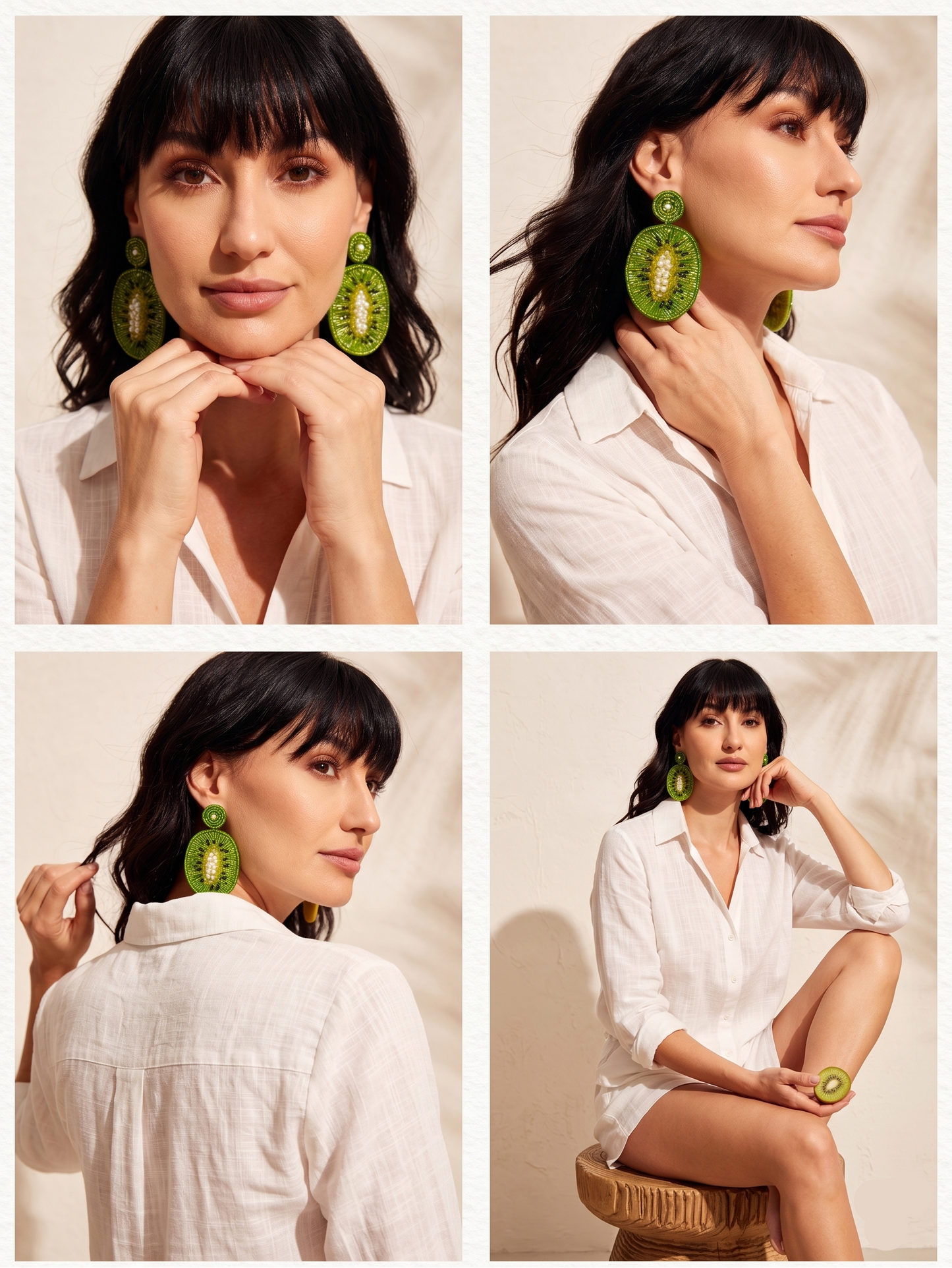 Big Green Kiwi Earrings With Citrine Bead Detailing